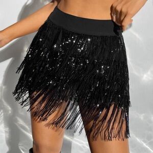 SHEIN Black Fringe Sequin Mini Skirt